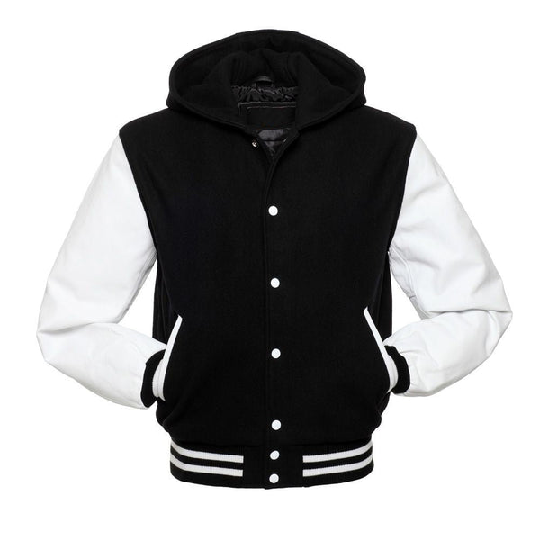 Black Hoodie Varsity Jacket With White Leather Sleeves