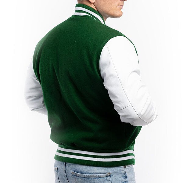 Green Wool & White Sleeves Leather Letterman Jacket