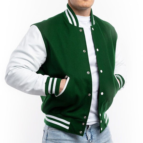 Green Wool & White Sleeves Leather Letterman Jacket
