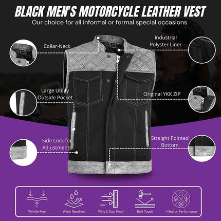 Men's Diamond Stitch Gray Leather and Black Denim Motorcycle Vest