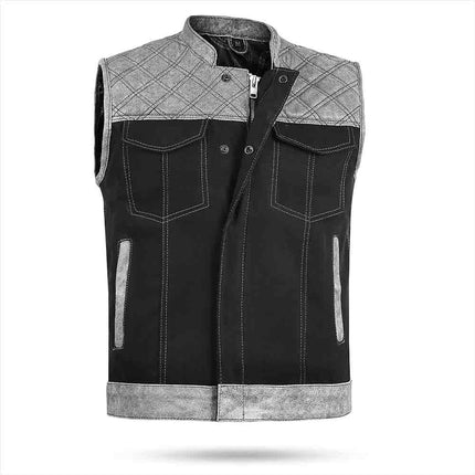 Men's Diamond Stitch Gray Leather and Black Denim Motorcycle Vest