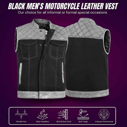Men's Diamond Stitch Gray Leather and Black Denim Motorcycle Vest
