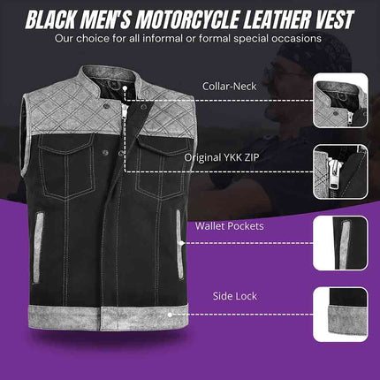 Men's Diamond Stitch Gray Leather and Black Denim Motorcycle Vest