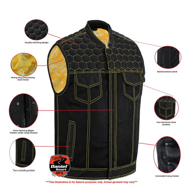 Gloom Gold Men's Black Mesh Textile Vest with Yellow Thread Detailing