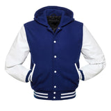 Blue Hoodie Varsity Jacket With White Leather Sleeves