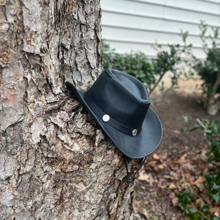 Black Leather Cyclone Cowboy Hat - MARA Leather