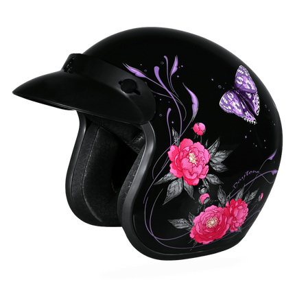 DOT Approved Daytona Cruiser Open Face Motorcycle Helmet - Men, Women & Youth - With Visor & Graphics - W/ Butterfly