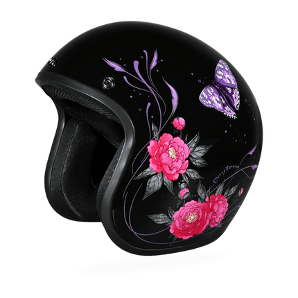 DOT Approved Daytona Cruiser Open Face Motorcycle Helmet - Men, Women & Youth - With Visor & Graphics - W/ Butterfly
