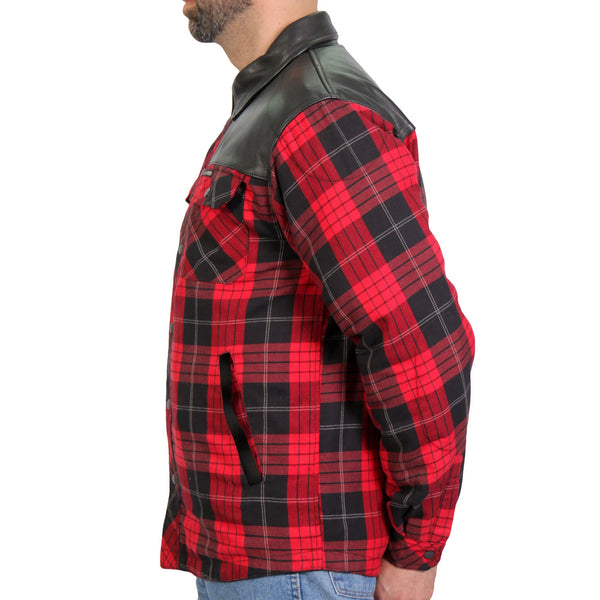 Hot Leathers Red & Black Kevlar Reinforced Leather Flannel Shirt For Bikers