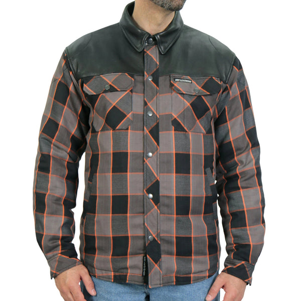 Hot Leathers Black & Orange Kevlar Reinforced Leather Flannel Biker Shirt