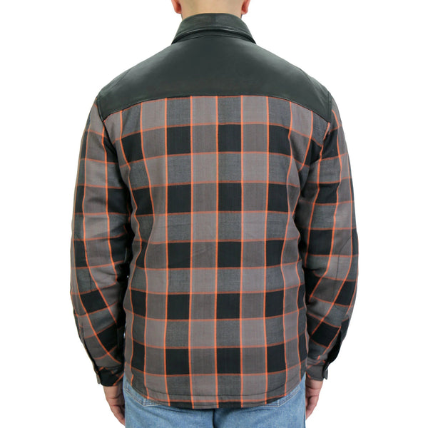 Hot Leathers Black & Orange Kevlar Reinforced Leather Flannel Biker Shirt
