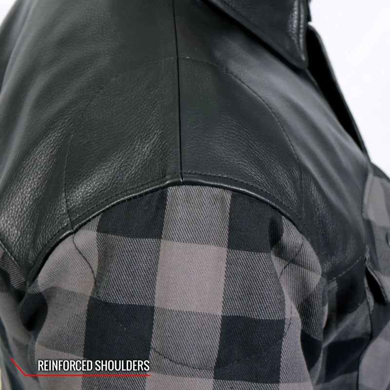 Hot Leathers Grey & Black Kevlar Reinforced LeatherMotorcycle Flannel Shirt