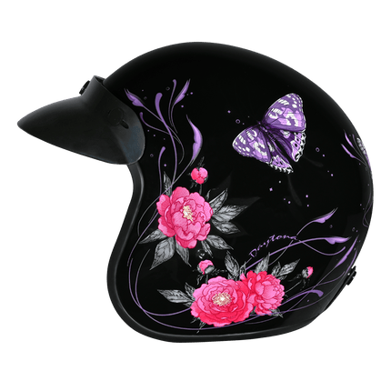 DOT Approved Daytona Cruiser Open Face Motorcycle Helmet - Men, Women & Youth - With Visor & Graphics - W/ Butterfly