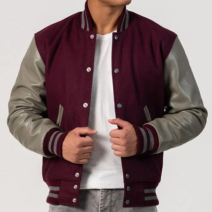 Maroon & Gray Leather Sleeves Varsity Jacket