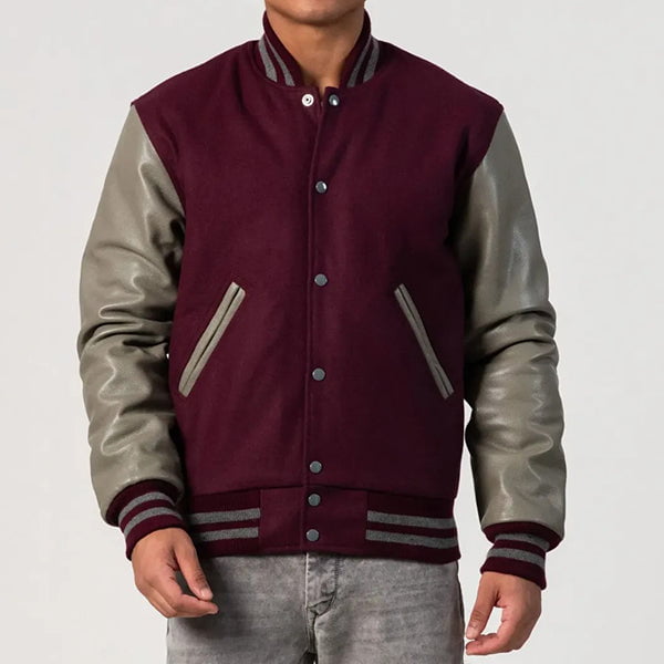 Maroon & Gray Leather Sleeves Varsity Jacket