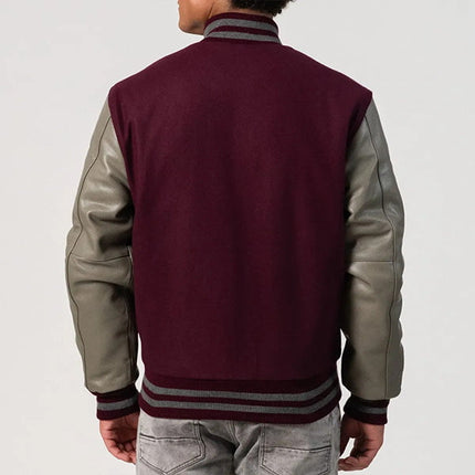 Maroon & Gray Leather Sleeves Varsity Jacket