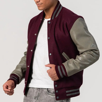 Maroon & Gray Leather Sleeves Varsity Jacket