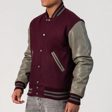 Maroon & Gray Leather Sleeves Varsity Jacket
