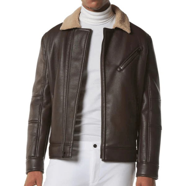 Men's Brown Leather Shearling Moto Jacket