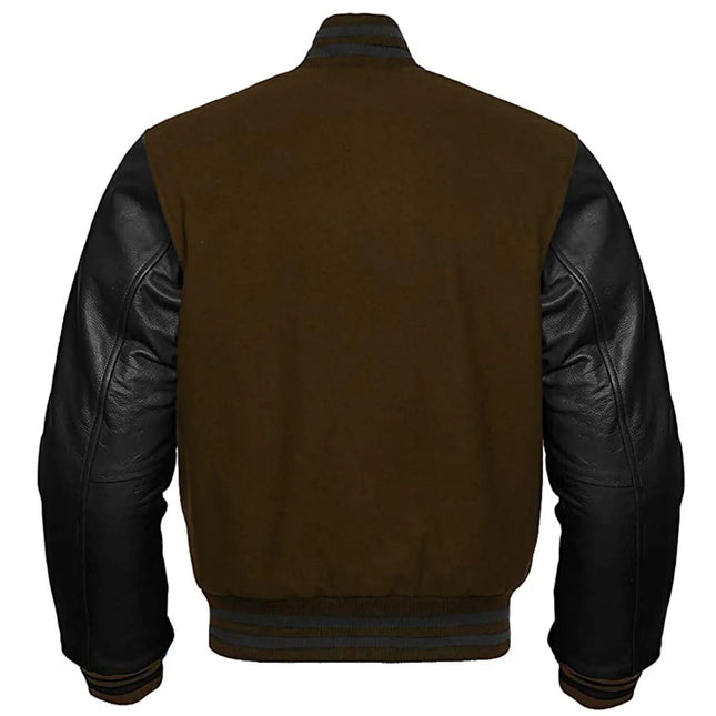 Brown Wool Letterman Jacket with Black Leather Sleeves