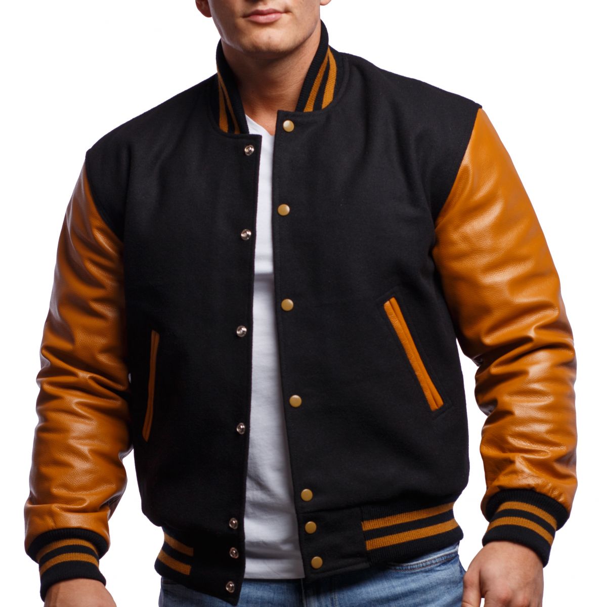 Black & Gold Leather Sleeves Varsity Jacket – MARA Leather