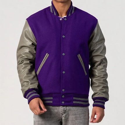 Purple & Grey Leather Sleeves Varsity Jacket