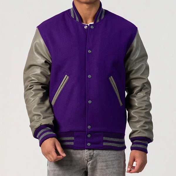 Purple & Grey Leather Sleeves Varsity Jacket