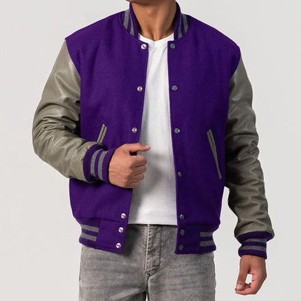 Purple & Grey Leather Sleeves Varsity Jacket