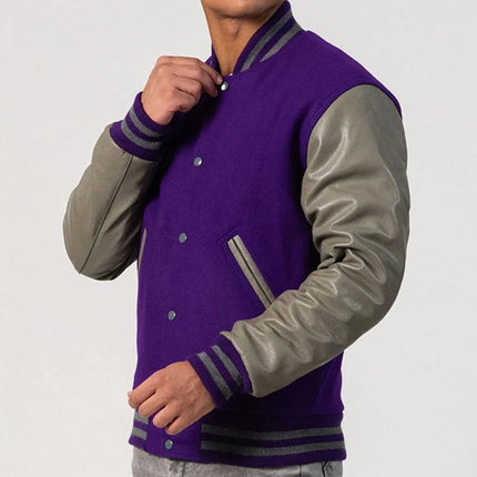 Purple & Grey Leather Sleeves Varsity Jacket