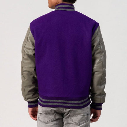 Purple & Grey Leather Sleeves Varsity Jacket