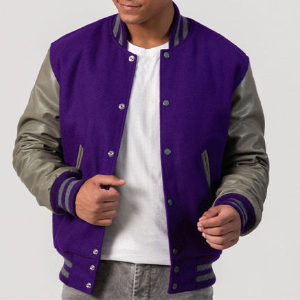 Purple & Grey Leather Sleeves Varsity Jacket
