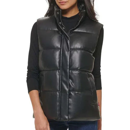 Women's Black Leather Puffer Vest