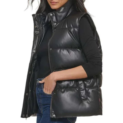 Women's Black Leather Puffer Vest
