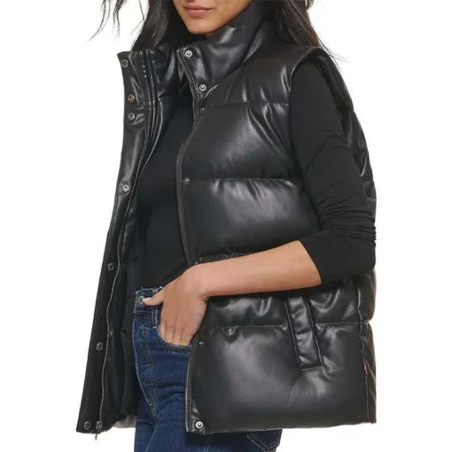 Women's Black Leather Puffer Vest