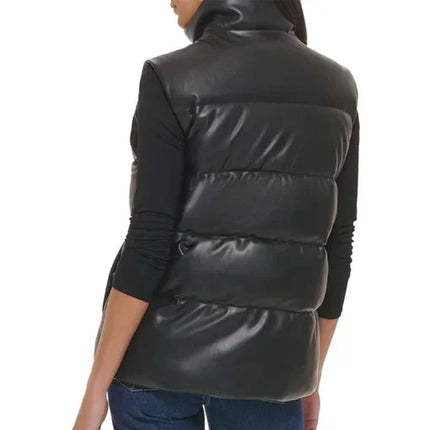Women's Black Leather Puffer Vest