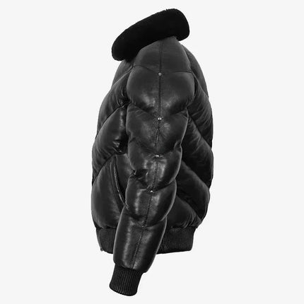 Men's Black Leather Puffer V Bomber Jacket w/ Fur Collar