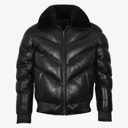 Men's Black Leather Puffer V Bomber Jacket w/ Fur Collar