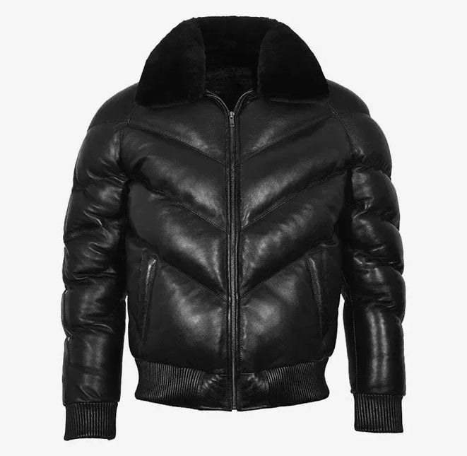 Men's Black Leather Puffer V Bomber Jacket w/ Fur Collar - MARA Leather
