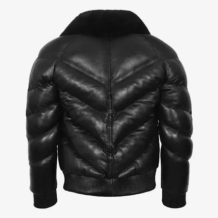Men's Black Leather Puffer V Bomber Jacket w/ Fur Collar