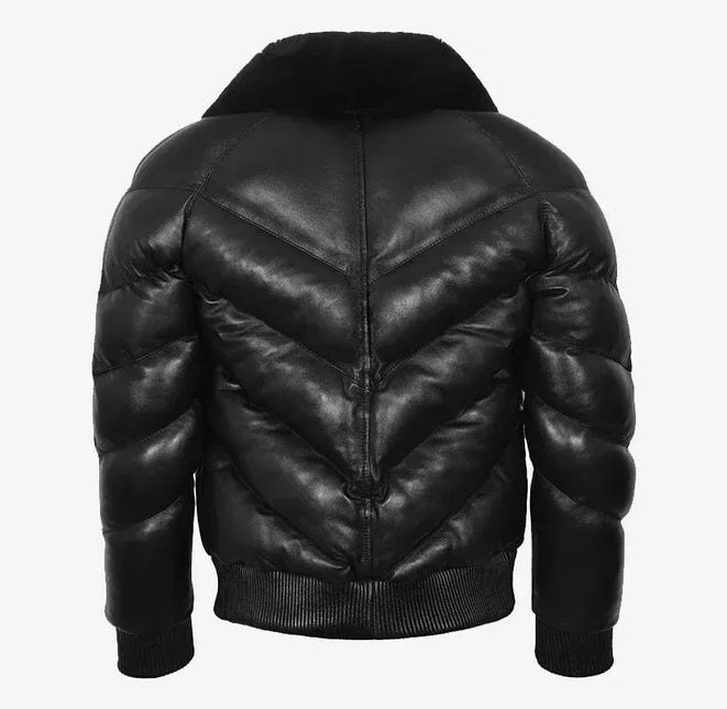 Men's Black Leather Puffer V Bomber Jacket w/ Fur Collar - MARA Leather