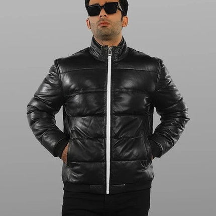 Genuine Black Leather Quilted Warm Downs Jacket For Men