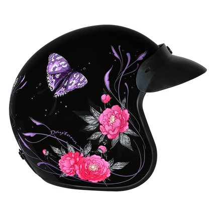 DOT Approved Daytona Cruiser Open Face Motorcycle Helmet - Men, Women & Youth - With Visor & Graphics - W/ Butterfly