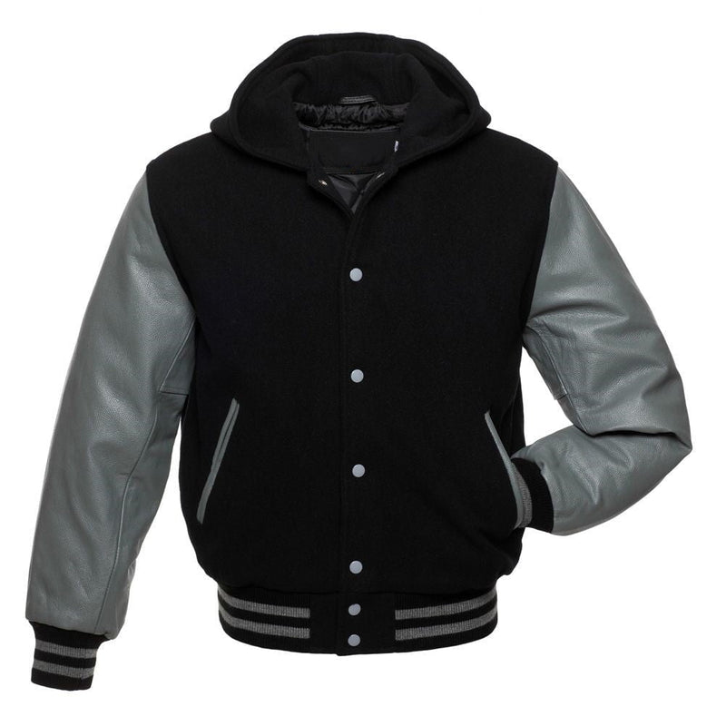 Black Hoodie Varsity Jacket With Grey Leather Sleeves