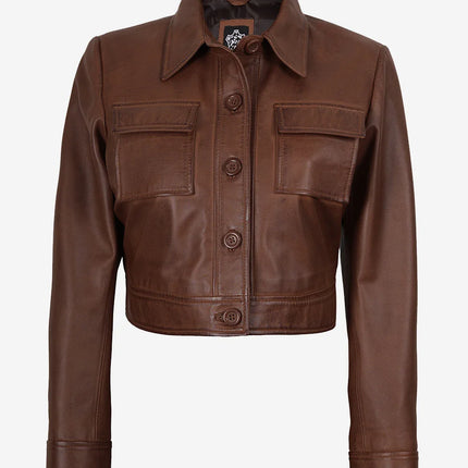 Women's Cognac Cropped Leather Trucker Jacket