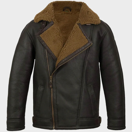 Men's Asymmetrical Zipper Shearling Leather Jacket w/ Brown Fur