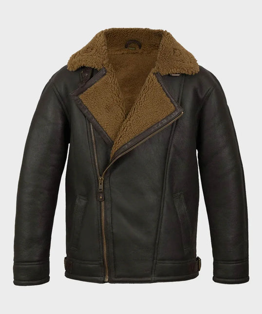 Men's Asymmetrical Zipper Shearling Leather Jacket w/ Brown Fur