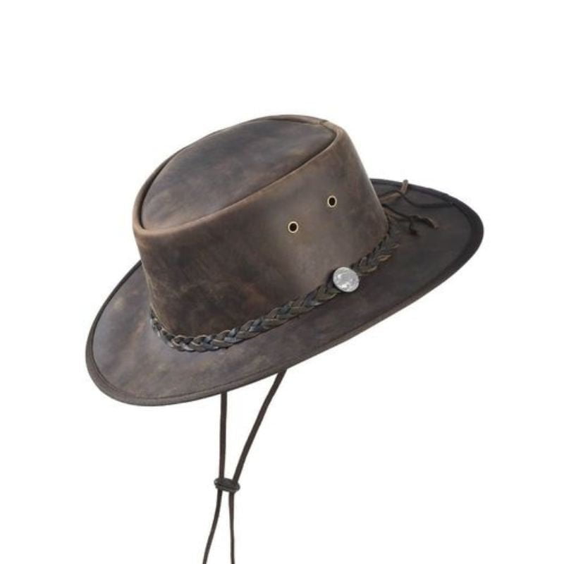 Vintage Distressed Brown Leather Hat W/Adjustable Chinstrap