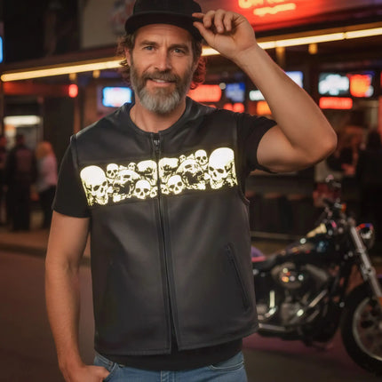 Hot Leathers VSM2003 Men's Black 'Ancient Skulls' Motorcycle Club style Conceal and Carry Leather Biker Vest