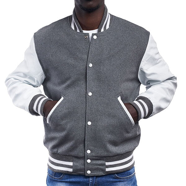 Grey Wool & White Leather Sleeves Letterman Jacket