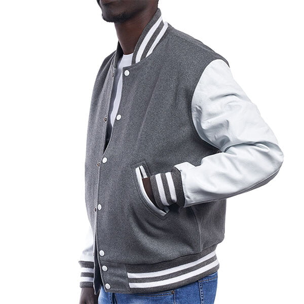 Grey Wool & White Leather Sleeves Letterman Jacket